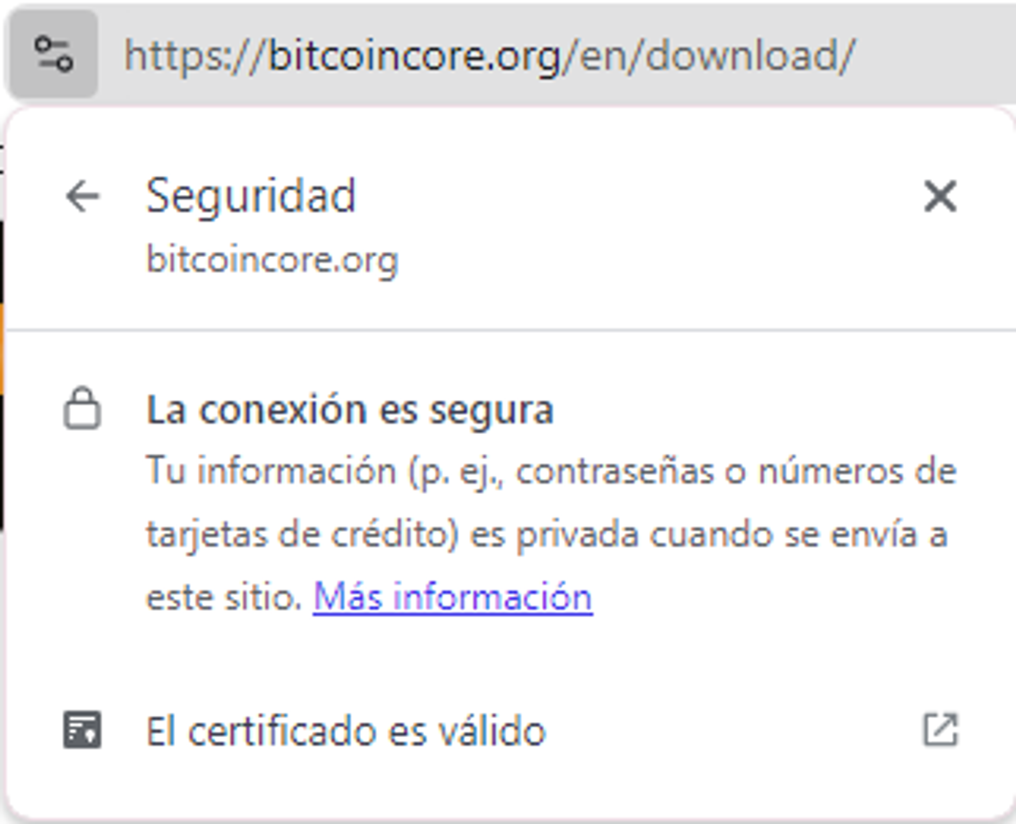 Página de descarga de Bitcoin Core con conexión HTTPS