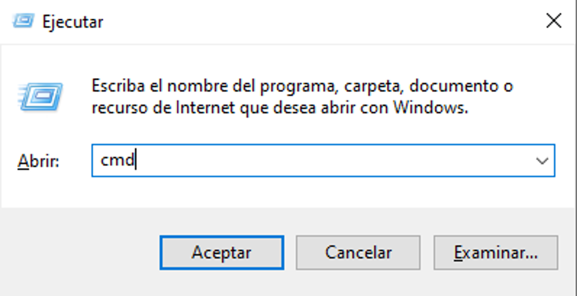 Diálogo Ejecutar de Windows con cmd