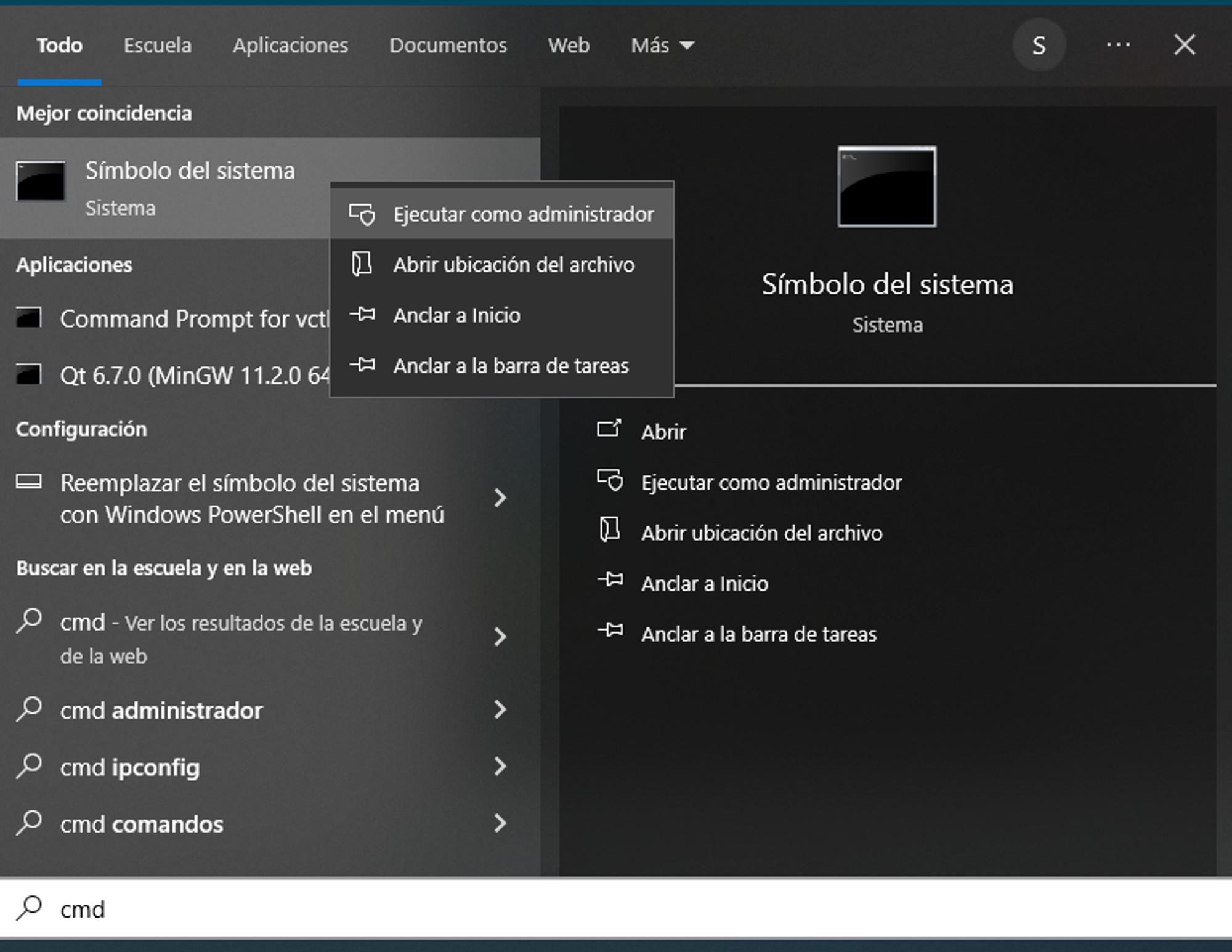 Abrir cmd como administrador desde menú aplicaciones