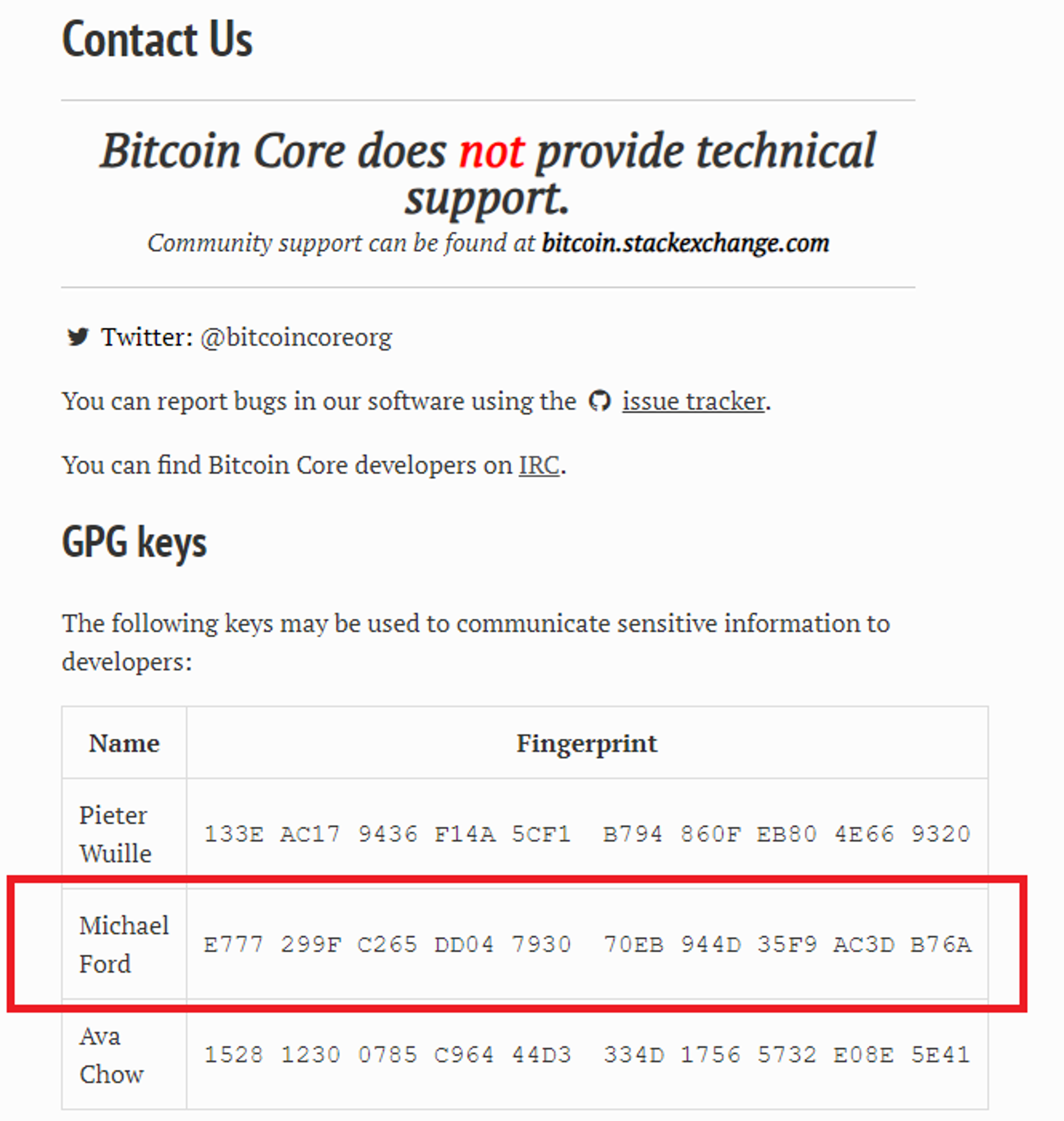 Fingerprint de Michael Ford en la página de Bitcoin Core