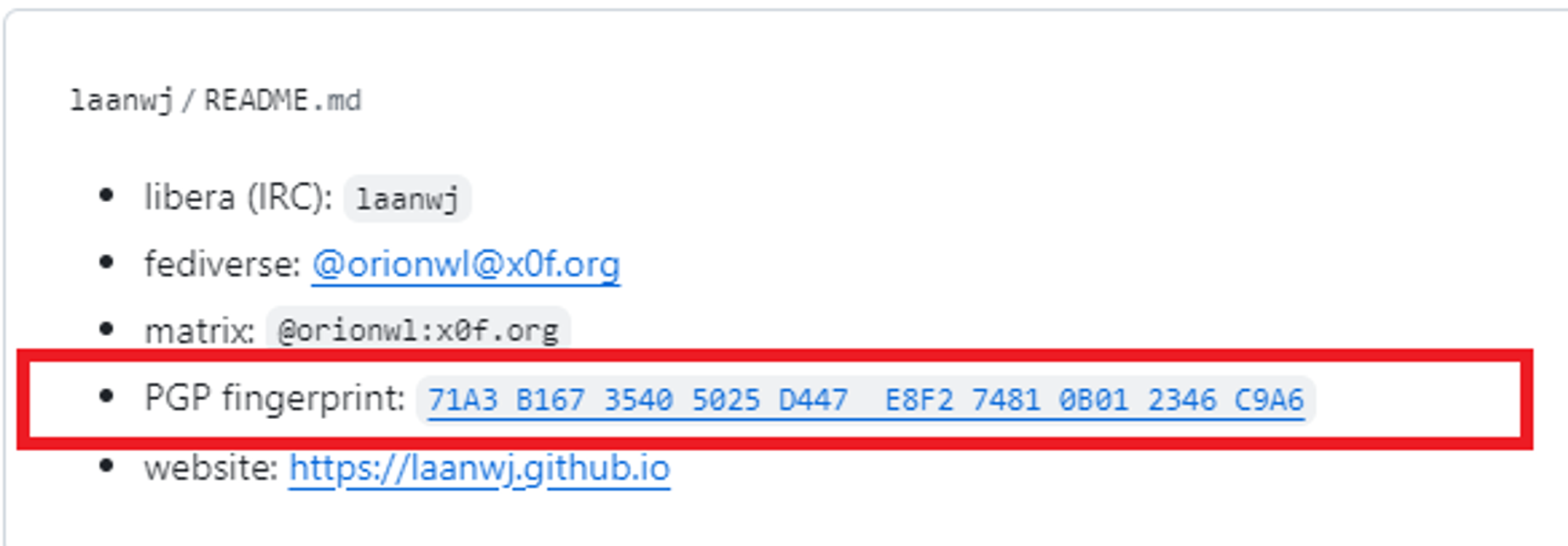 Fingerprint de Wladimir en su perfil de GitHub