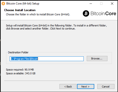 Instalador de Bitcoin Core: elegir la ubicación de instalación