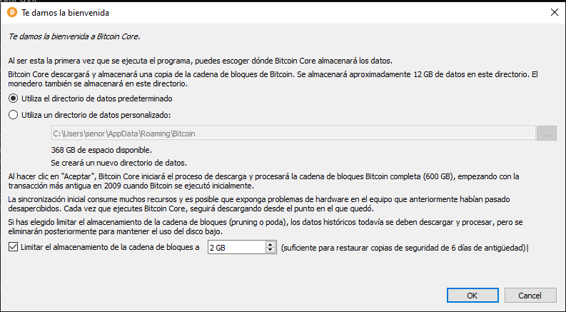 Configuración inicial de Bitcoin Core