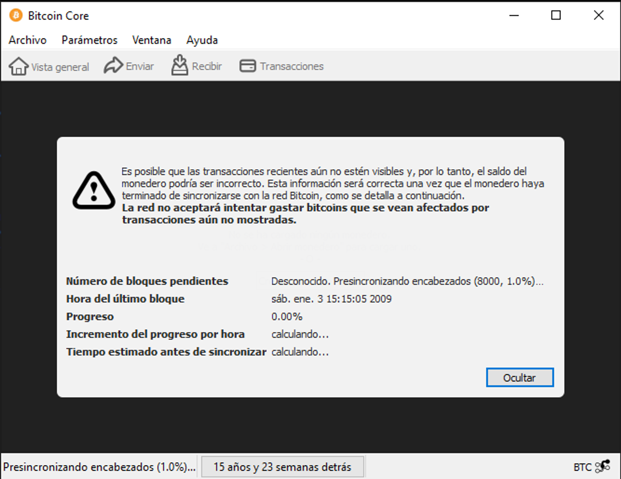 Inicio de descarga de la blockchain desde la época de Satoshi
