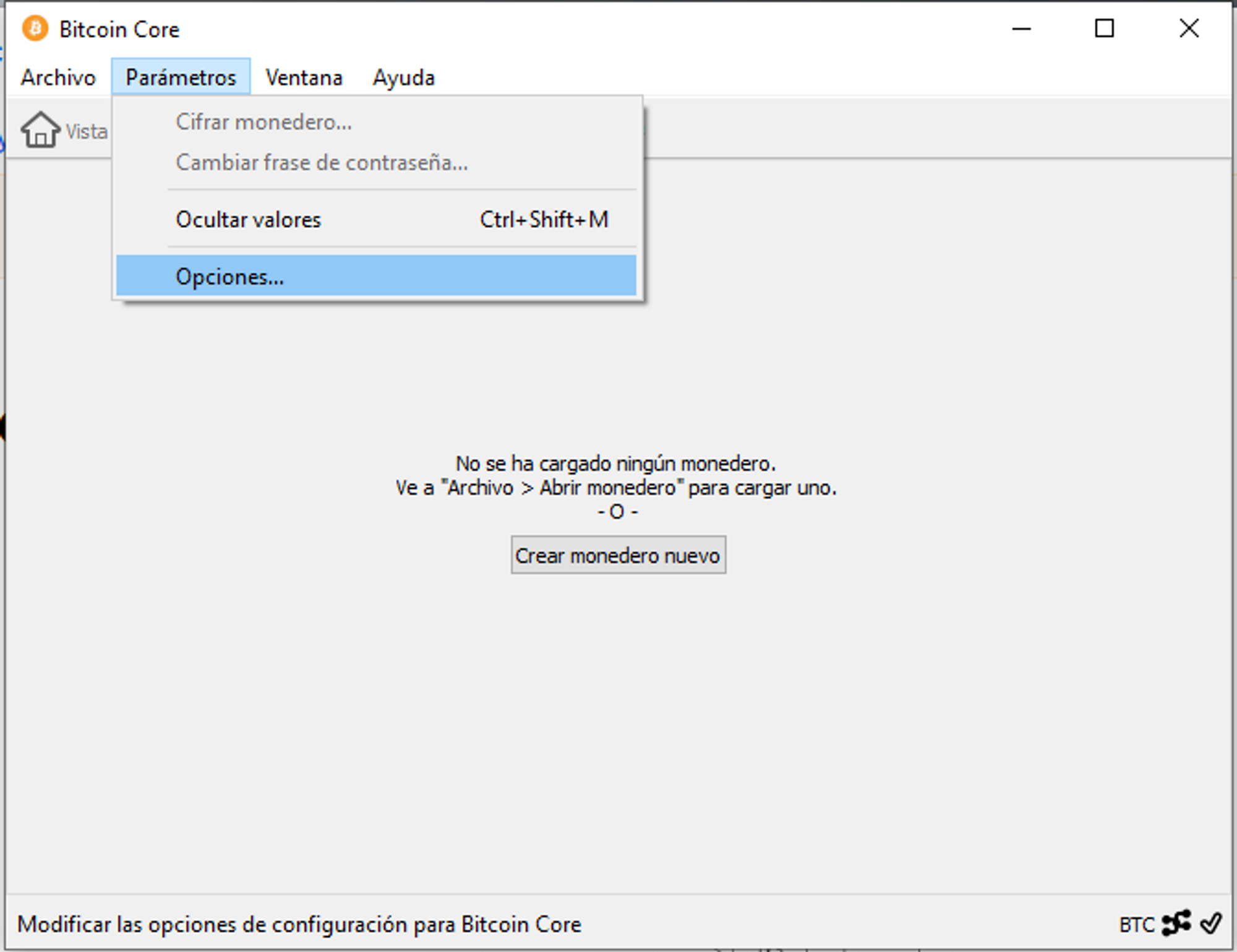Configuración de pruning en la interfaz de Bitcoin Core
