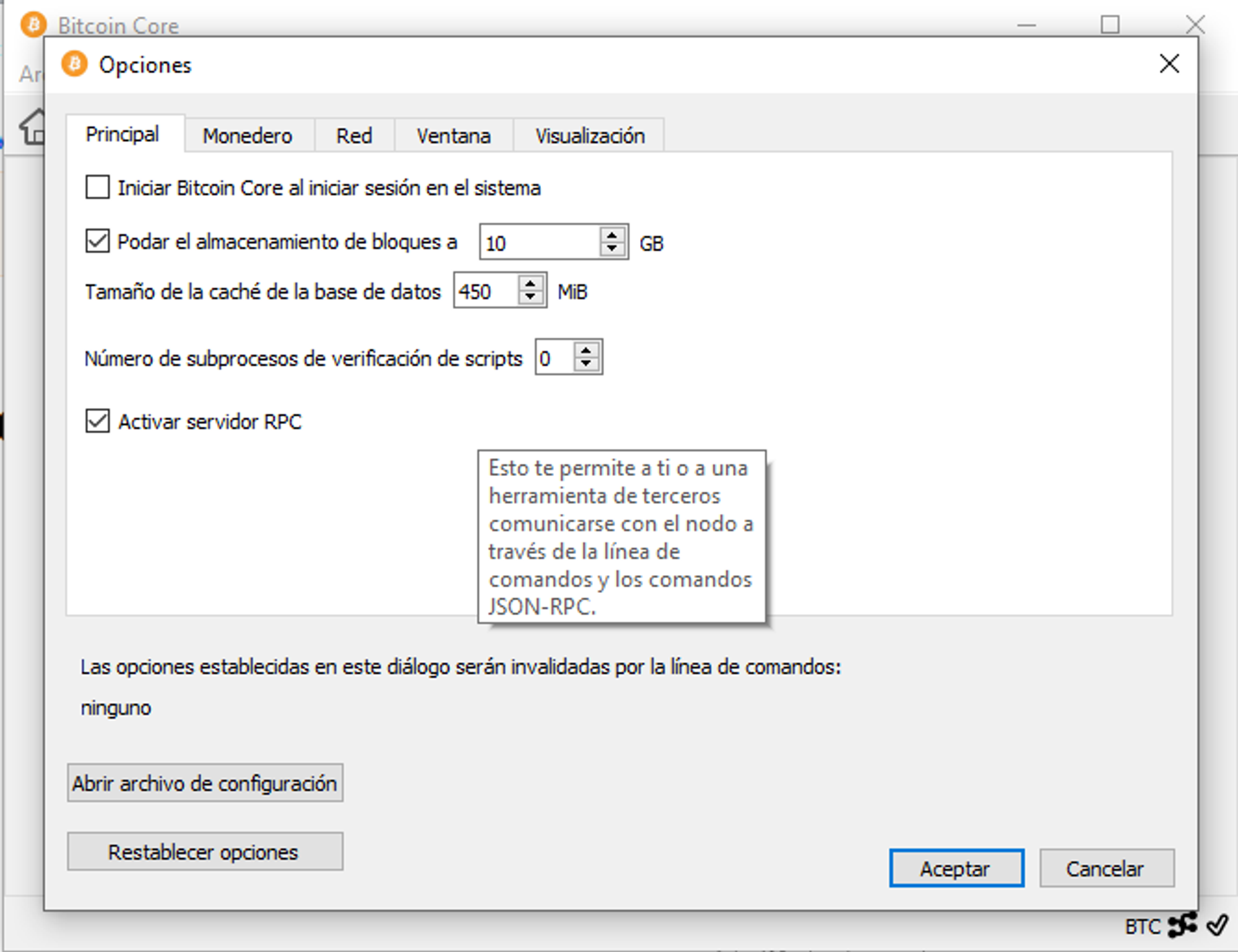 Configuración de server en la interfaz de Bitcoin Core