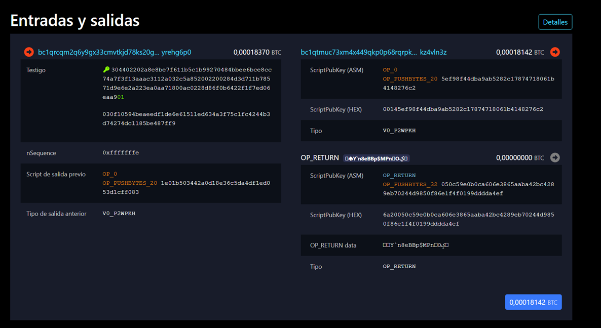 Entradas y salidas de la transacción en el explorador, con el output OP_RETURN resaltado.